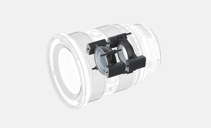 Diagrama de las ubicaciones internas de los actuadores empleados para el FE de 16-35 mm F2.8 GM, con 4 grupos y 2 elementos